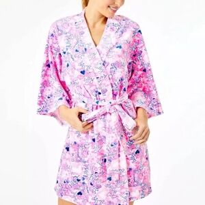 Lilly Pulitzer Elaine Velour Robe Lilac You Alot Valentines Day Pink, L/XL EUC